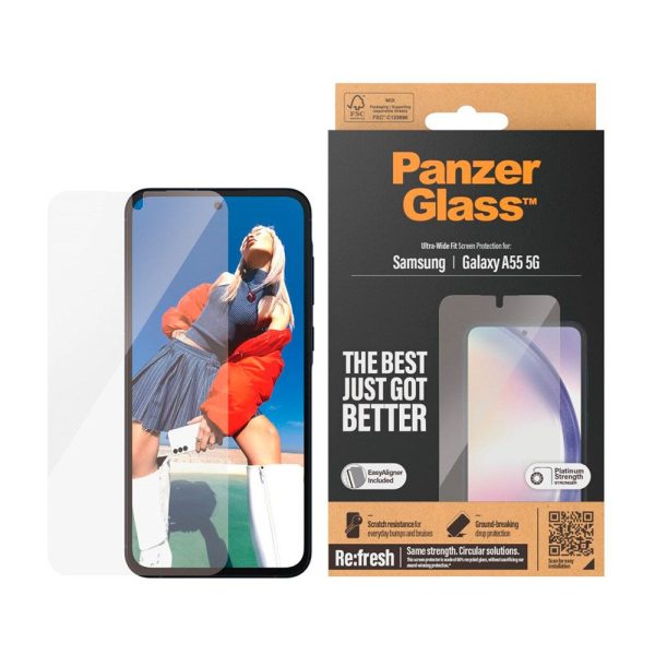 Samsung Galaxy A55 (5G) PanzerGlass Ultra Wide Fit Re:fresh Skærmbeskyttelse m. EasyAligner - Platinum Strength - Gennemsigtig For Sale