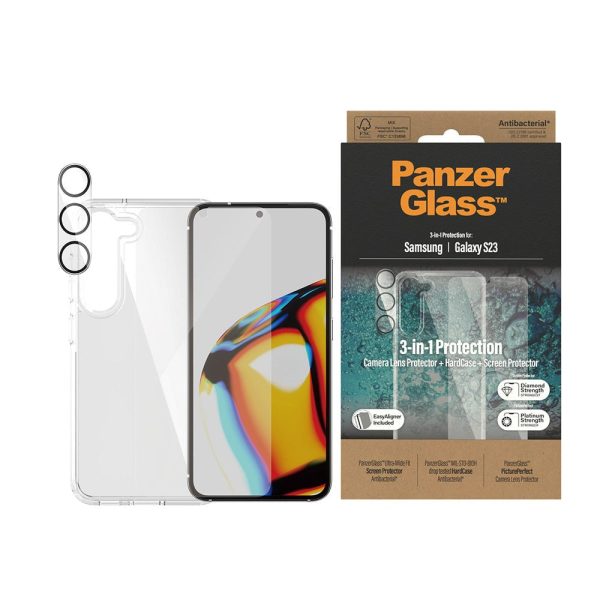 Samsung Galaxy S23 PanzerGlass 3-i-1 Bundle m. EasyAligner - Cover   Skærmbeskyttelse (UWF)   Kamerabeskyttelse - Gennemsigtig Sale