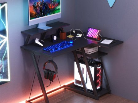 L Shaped Gaming Desk with Outlets and USB Ports-Black Supply