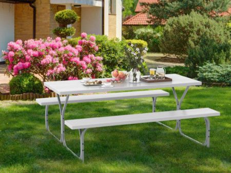 6 FT Picnic Table Bench Set Dining Table and 2 Benches with Metal Frame and HDPE Tabletop-White Online now