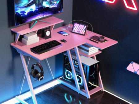 L Shaped Gaming Desk with Outlets and USB Ports-Pink Online Hot Sale