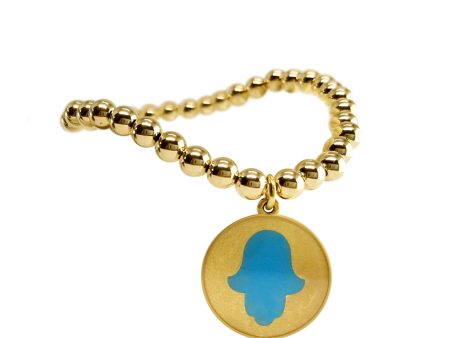 Blue Hamsa Hand Charm on Bead Bracelet in Gold Cheap